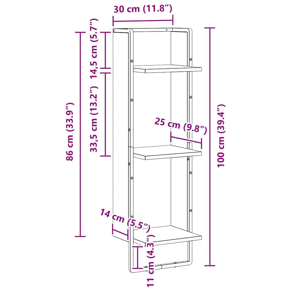 Wandregal mit Regal Altholz 30 x 25 x 100 cm Holzwerkstoff