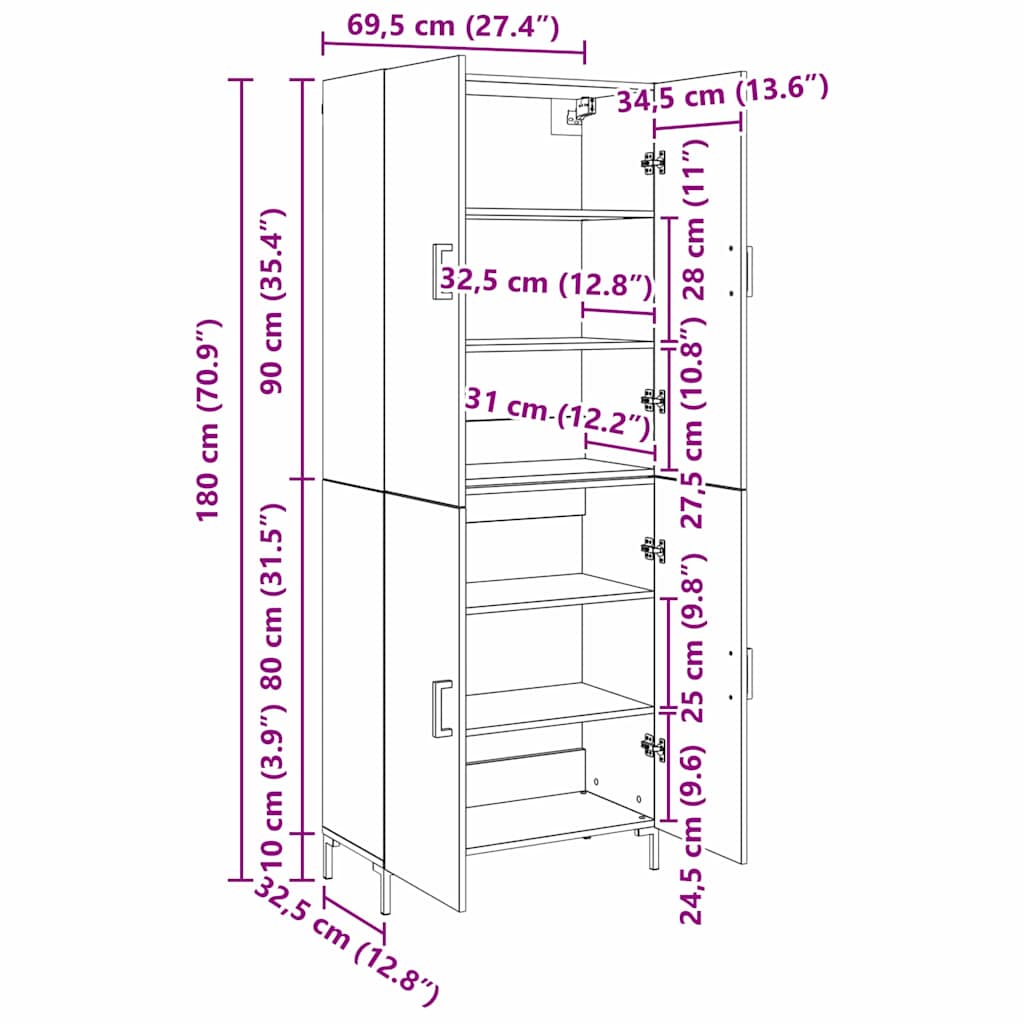 Highboard Schwarz Eichen-Optik 69,5 x 34 x 180 cm Holzwerkstoff