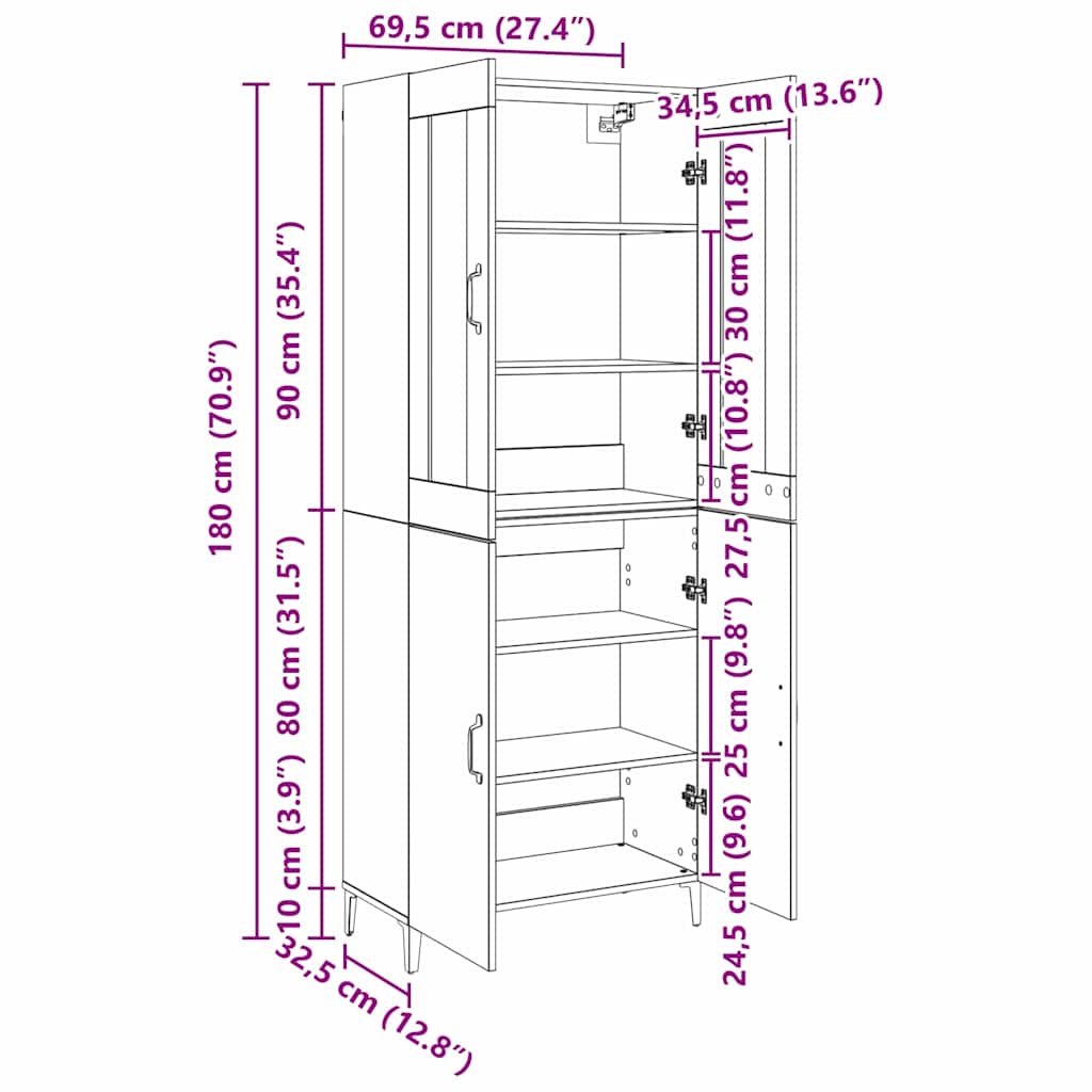 Hochboard 2 pcs Schwarze Eiche 69,5 x 34 x 180 cm Holzwerkstoff