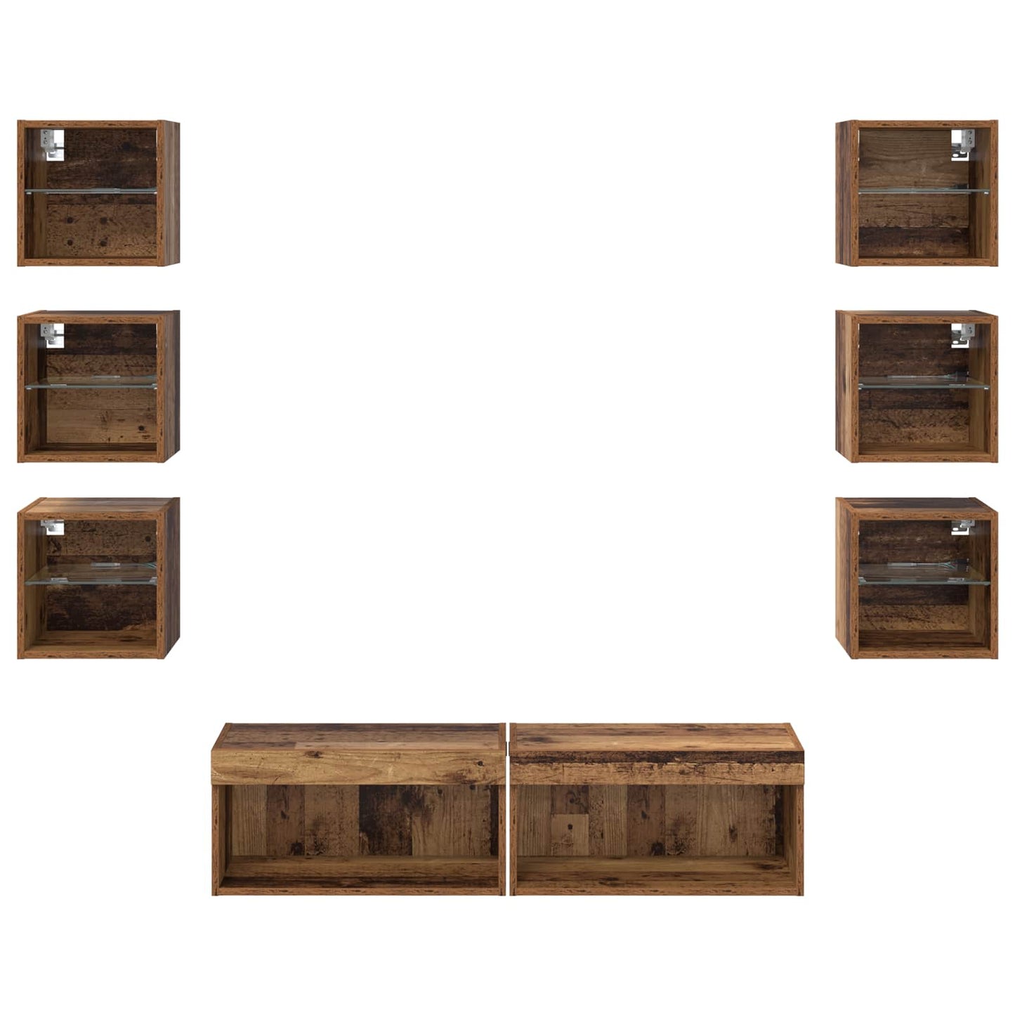 TV-Schränk mit LED-Lichtleisten Wandmontiert 8 pcs Altholz Glas