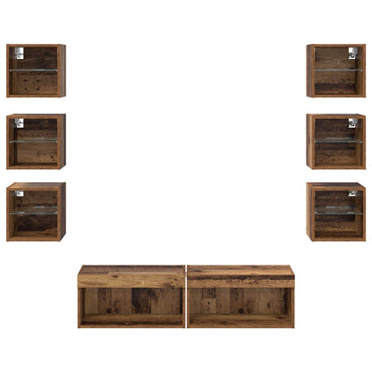 TV-Schränk mit LED-Lichtleisten Wandmontiert 8 pcs Altholz Glas