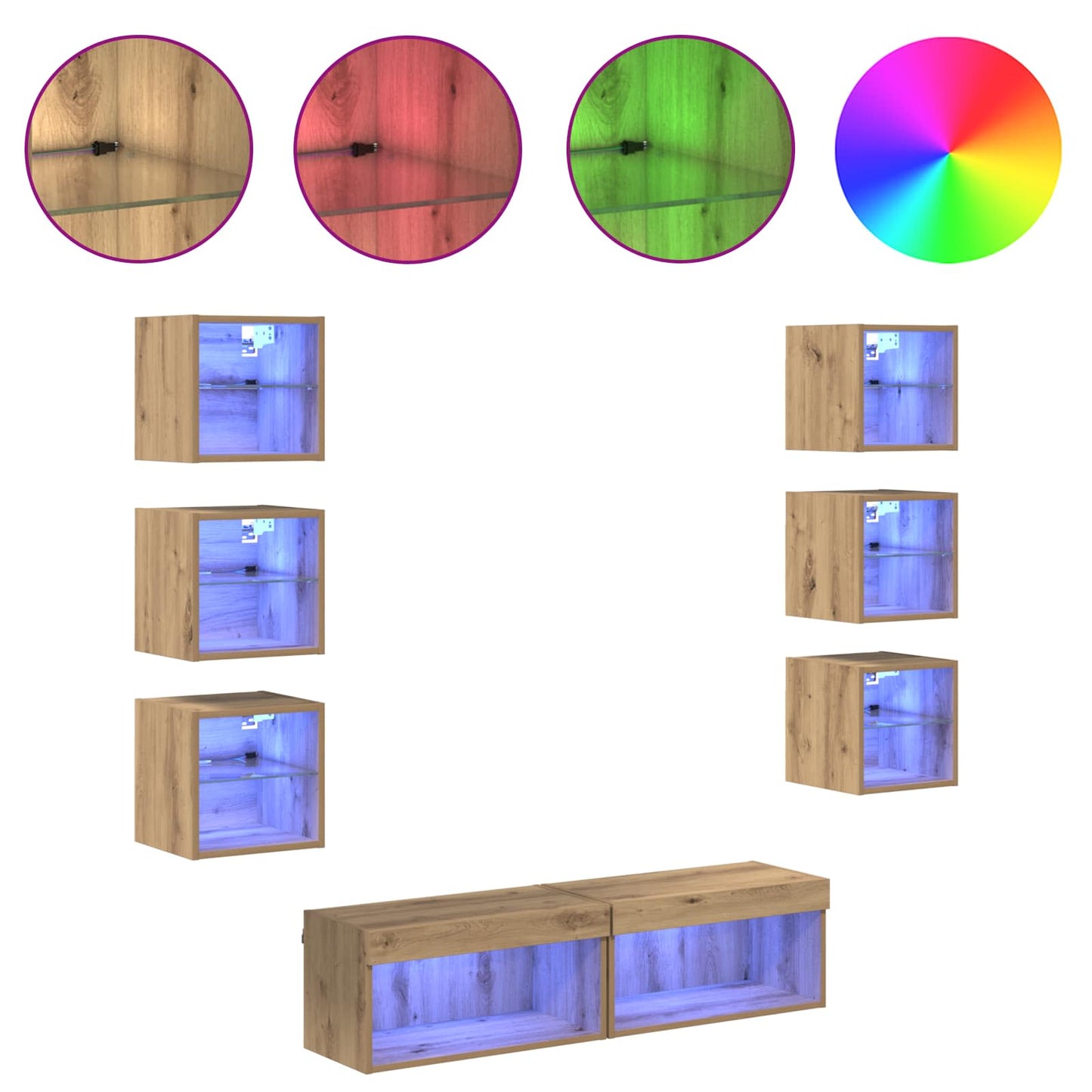 TV-Schränk mit LED-Lichtleisten 8 pcs Artisan-Eiche Glas