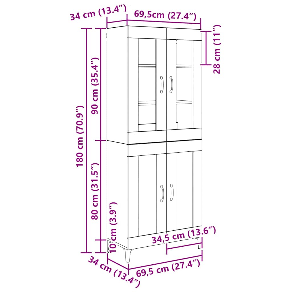 Highboard Schwarz Eichen-Optik 69,5 x 34 x 180 cm Holzwerkstoff