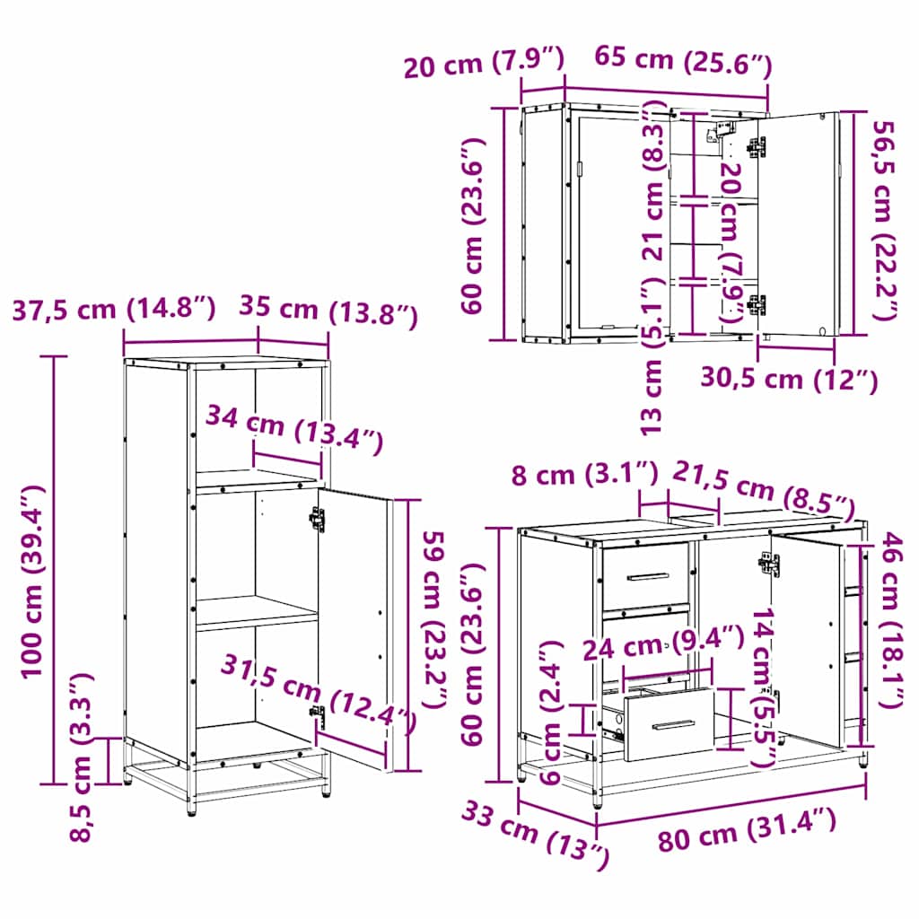 Badezimmermöbel Set 3 pcs Schwarz Eichen-Optik 80 x 33 x 60 cm