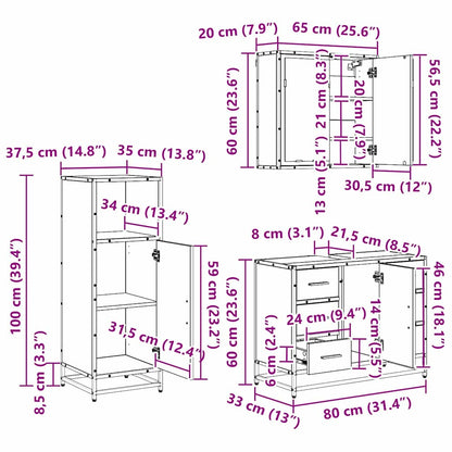 Badezimmermöbel Set 3 pcs Schwarz Eichen-Optik 80 x 33 x 60 cm