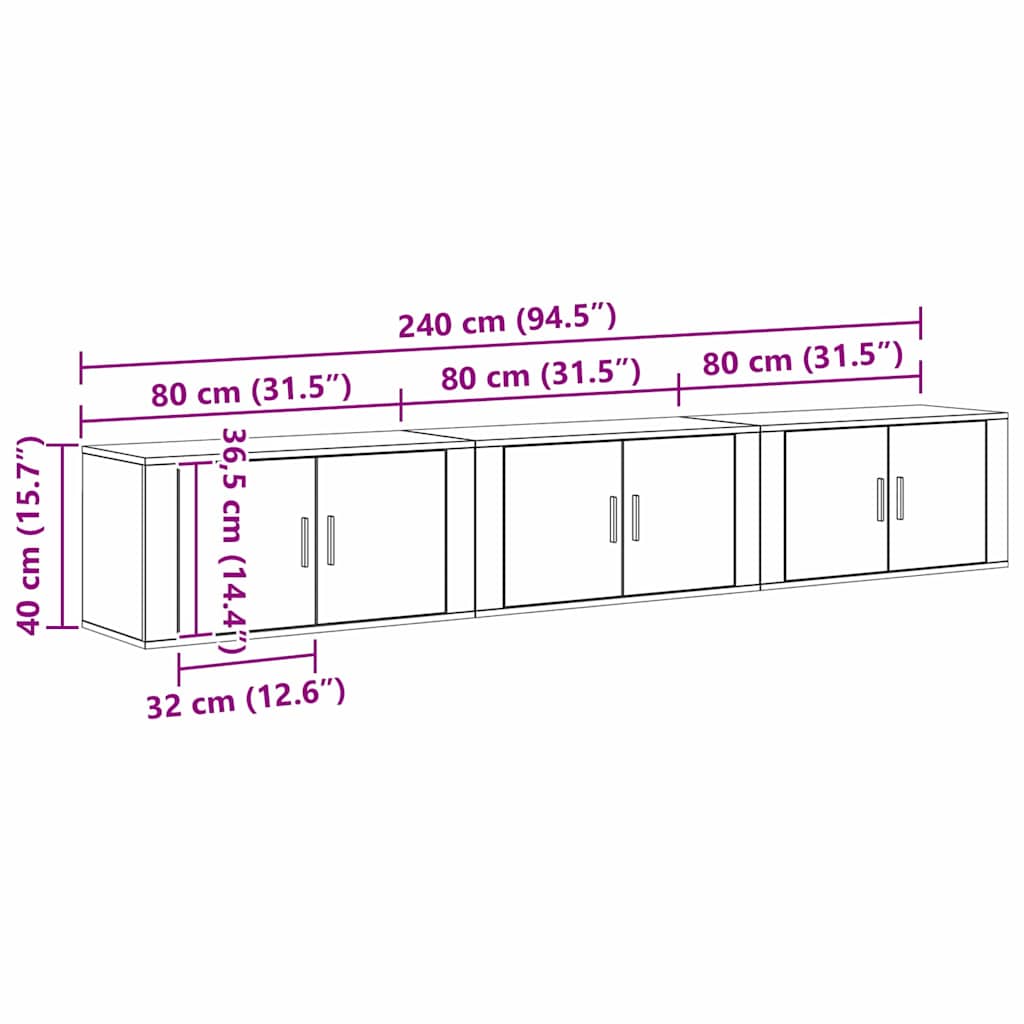 Wand-TV-Schrank Set Wandmontiert 3 pcs Schwarz Eichen-Optik