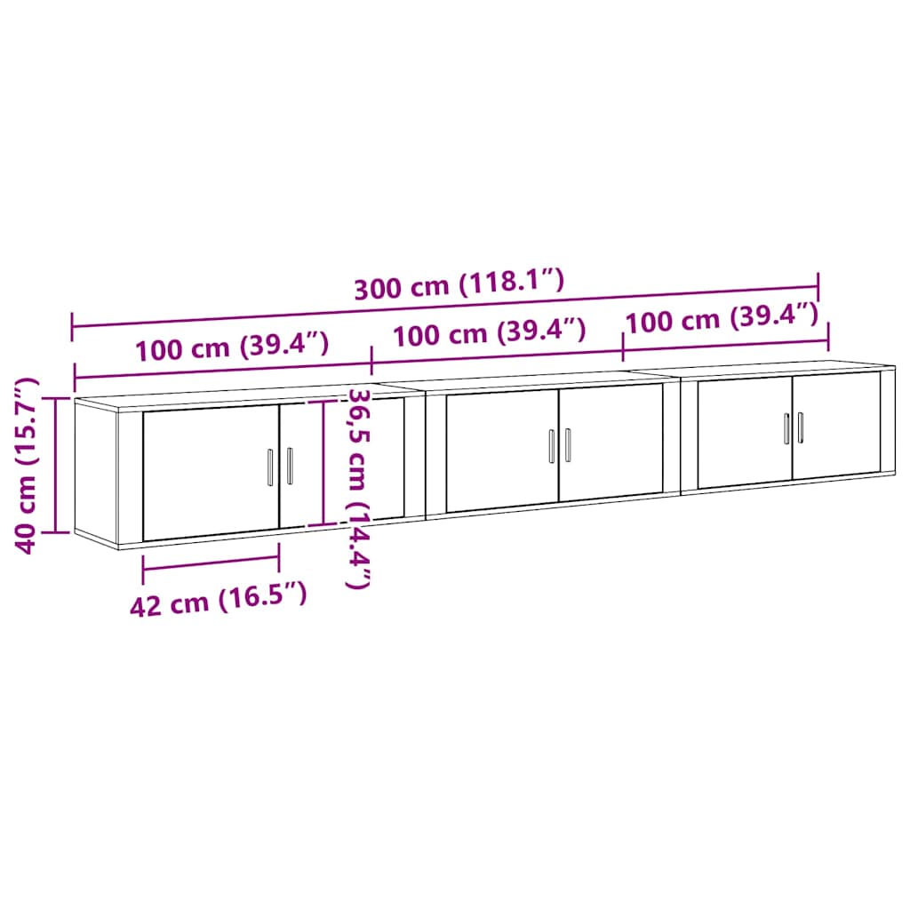 Wand-TV-Schrank Set Wandmontiert 3 pcs Schwarz Eichen-Optik