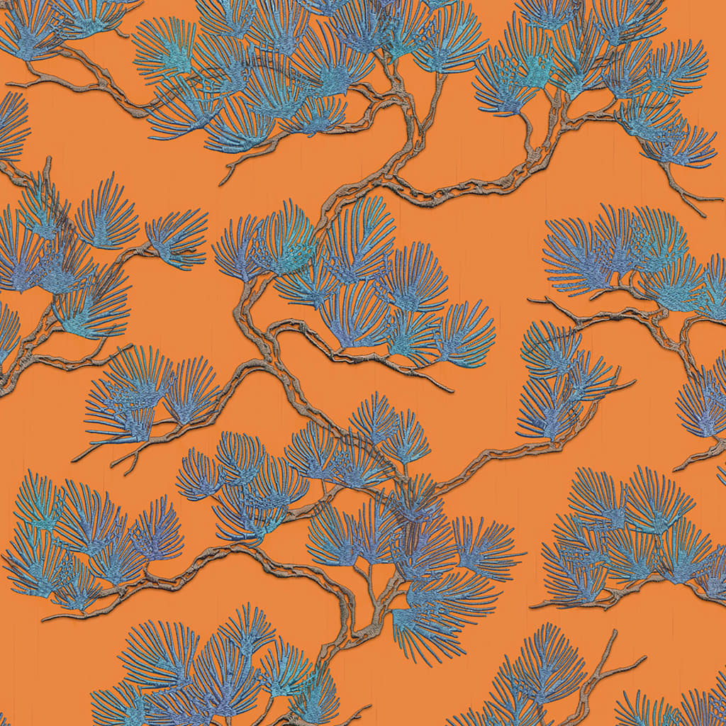 Tapete Kiefer-Motiv Blau und Orange