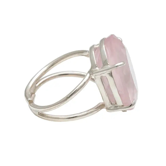 14 - 15 Ct Oval Cut Rose Quartz Stone Adjustable Cocktail Ring in US Size 7 in Silver Setting-2