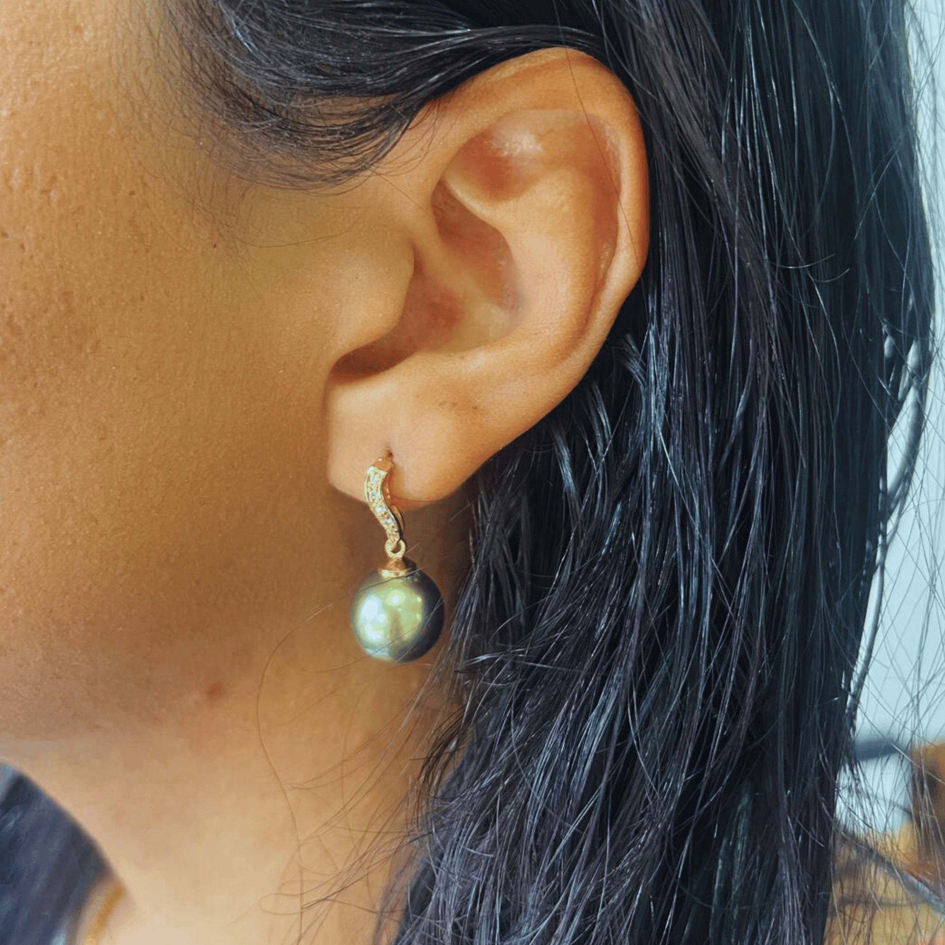 Tahitian South Sea Pistachio Pearls Peters Drop Earrings 12 -13 mm AA-0