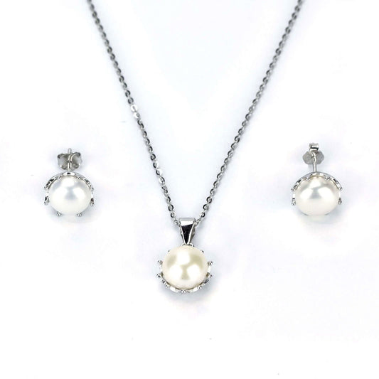 Freshwater White Button Shaped Pearl Butler Jewellery Set 8-9 mm AAAA - Shopgalaxy.ch