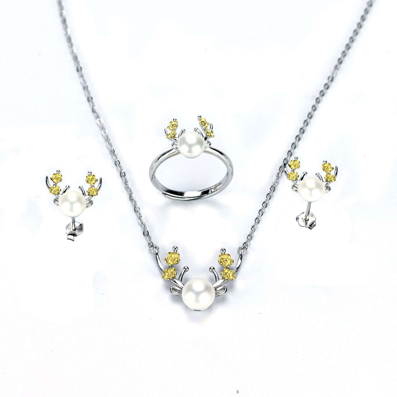 Freshwater White Button Shaped Pearl Two Rocks Jewellery Set 6-8 mm AAAA - Shopgalaxy.ch