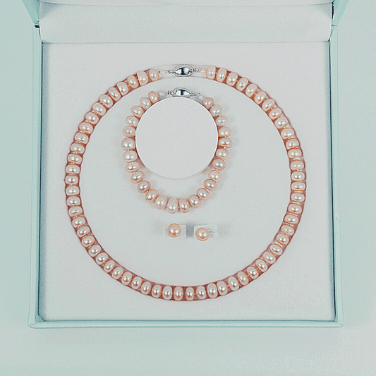 Georgian Jewellery Set 8 - 9 mm AAAA Pink Freshwater Pearls with 17' Strand - Shopgalaxy