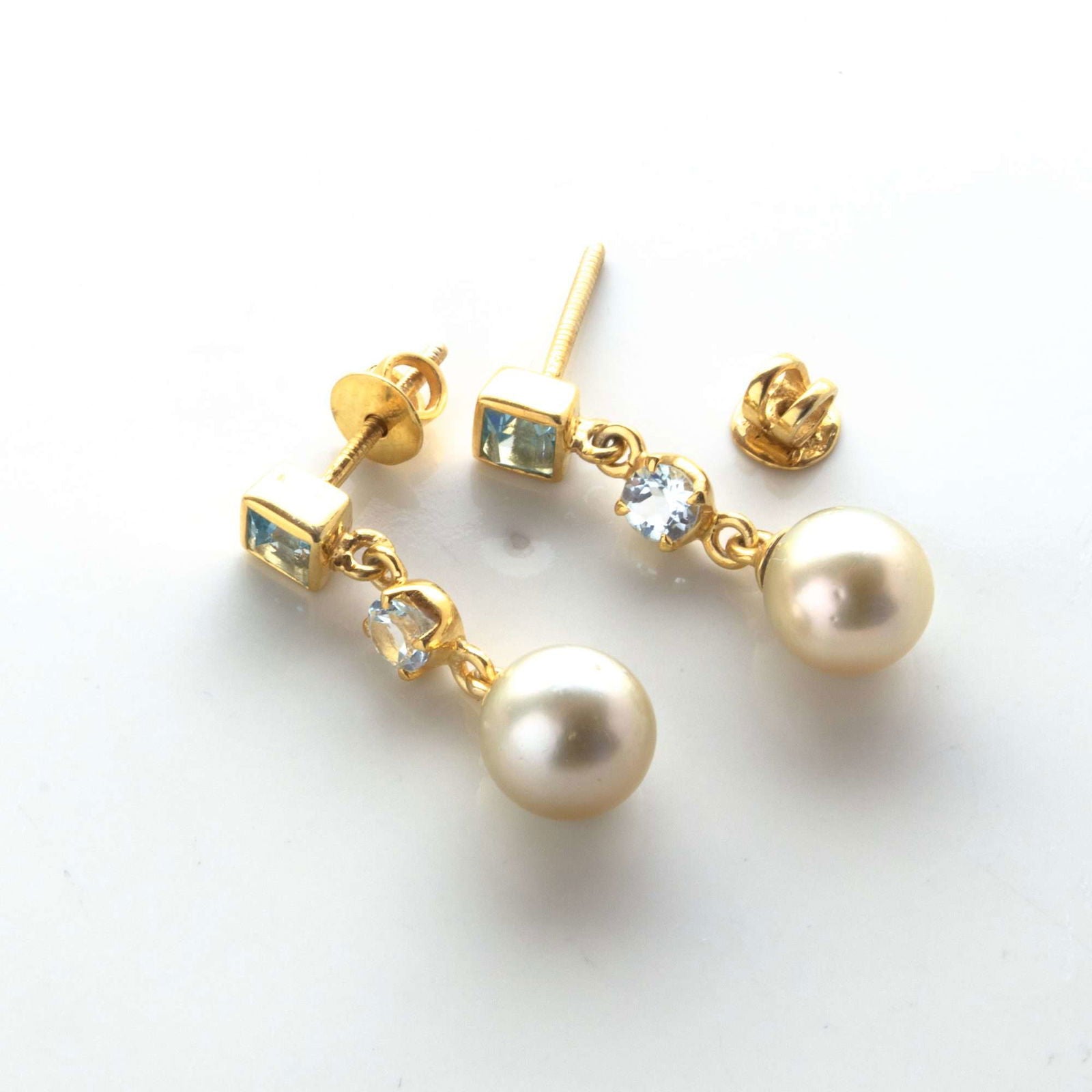 Golden South Sea Pearl with Aquamarine & Blue Topaz Stones Blaxland Earrings 8.5 - 9.5 MM - Shopgalaxy