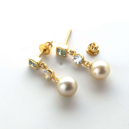 Golden South Sea Pearl with Aquamarine & Blue Topaz Stones Blaxland Earrings 8.5 - 9.5 MM - Shopgalaxy