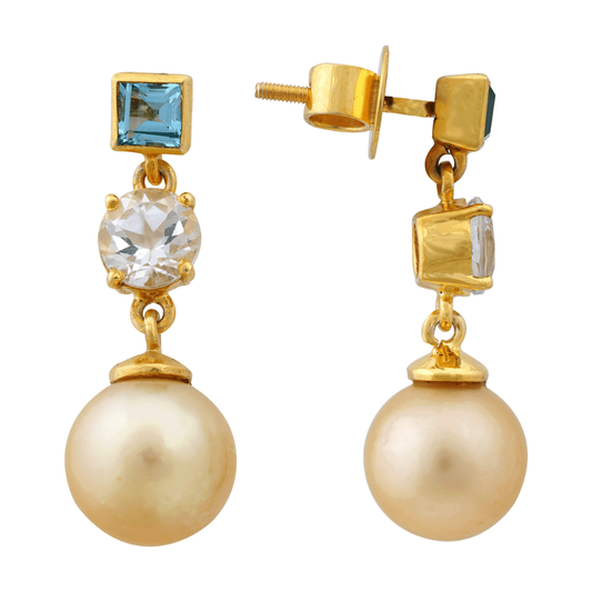 Golden South Sea Pearl with Blue Topaz & White Topaz Stones Blaxland Drop Earrings 9.5 - 10.5 MM - Shopgalaxy