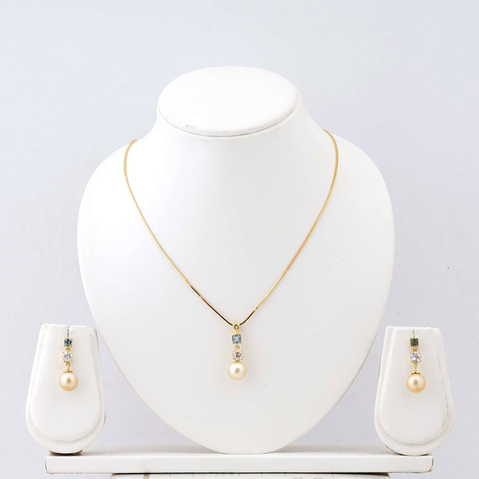 Golden South Sea Pearl with Blue & White Topaz Stones Lithgow Set 9.5 - 10.5 MM - Shopgalaxy