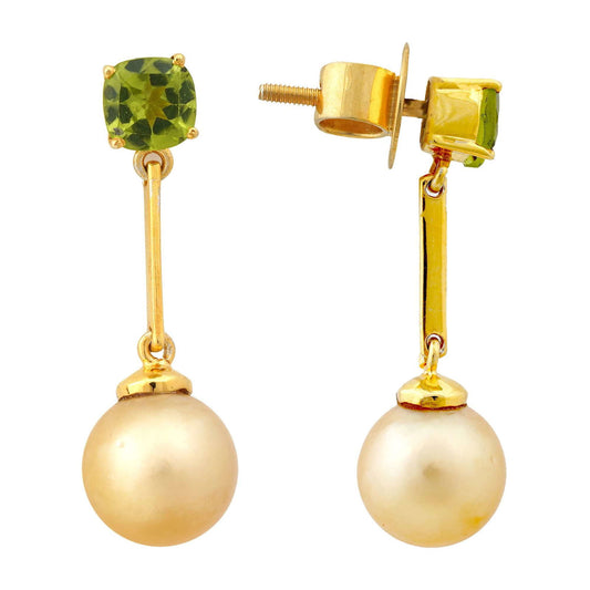 Golden South Sea Pearl with Green Peridot Stone Albany Drop Earrings 8.5 - 9.5 MM - Shopgalaxy