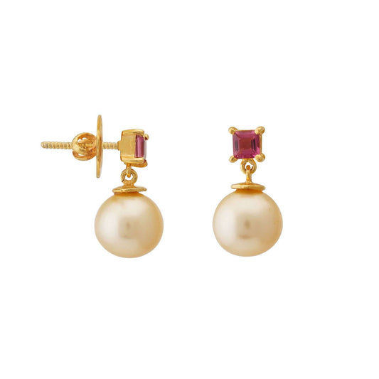 Golden South Sea Pearl with Pink Tourmaline Stone Melbourne Drop Earrings 8.5 - 9.5 MM - Shopgalaxy