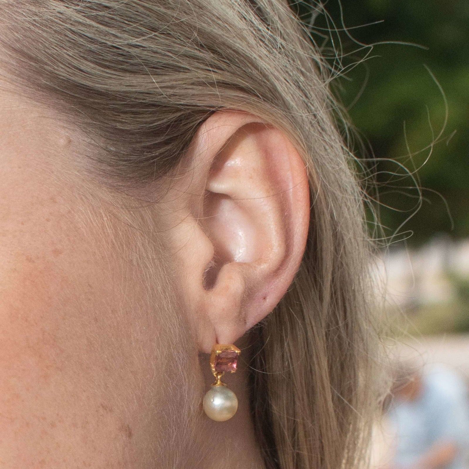 Golden South Sea Pearl with Pink Tourmaline Stone Melbourne Drop Earrings 8.5 - 9.5 MM - Shopgalaxy