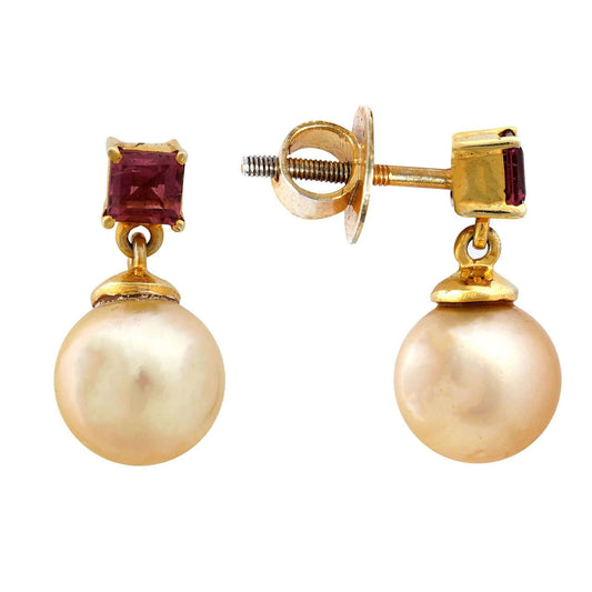 Golden South Sea Pearl with Pink Tourmaline Stone Melbourne Drop Earrings 9.5 - 10.5 MM - Shopgalaxy.ch