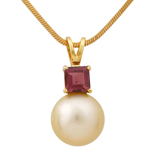 Golden South Sea Pearl with Pink Tourmaline Stone Sale Pendant 9.5 - 10.5 MM - Shopgalaxy