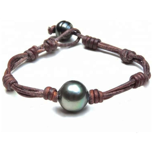 Leather Braided Bracelet in Brown with Tahiti Pearl - Shopgalaxy.ch