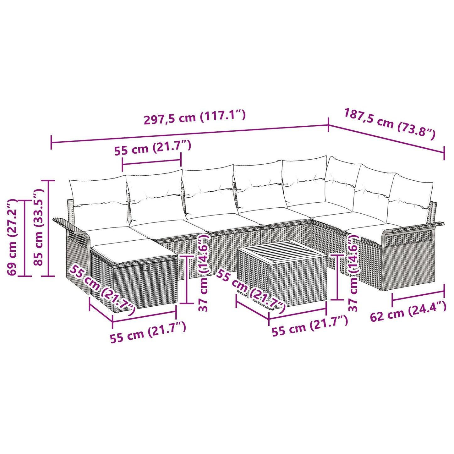 9-Teiliges Garten-Sofa-Set mit Kissen Beige Poly-Rattan