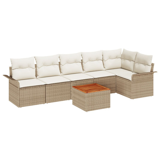 7-teiliges Garten Sofaset mit Kissen Beige Poly Rattan Akazie