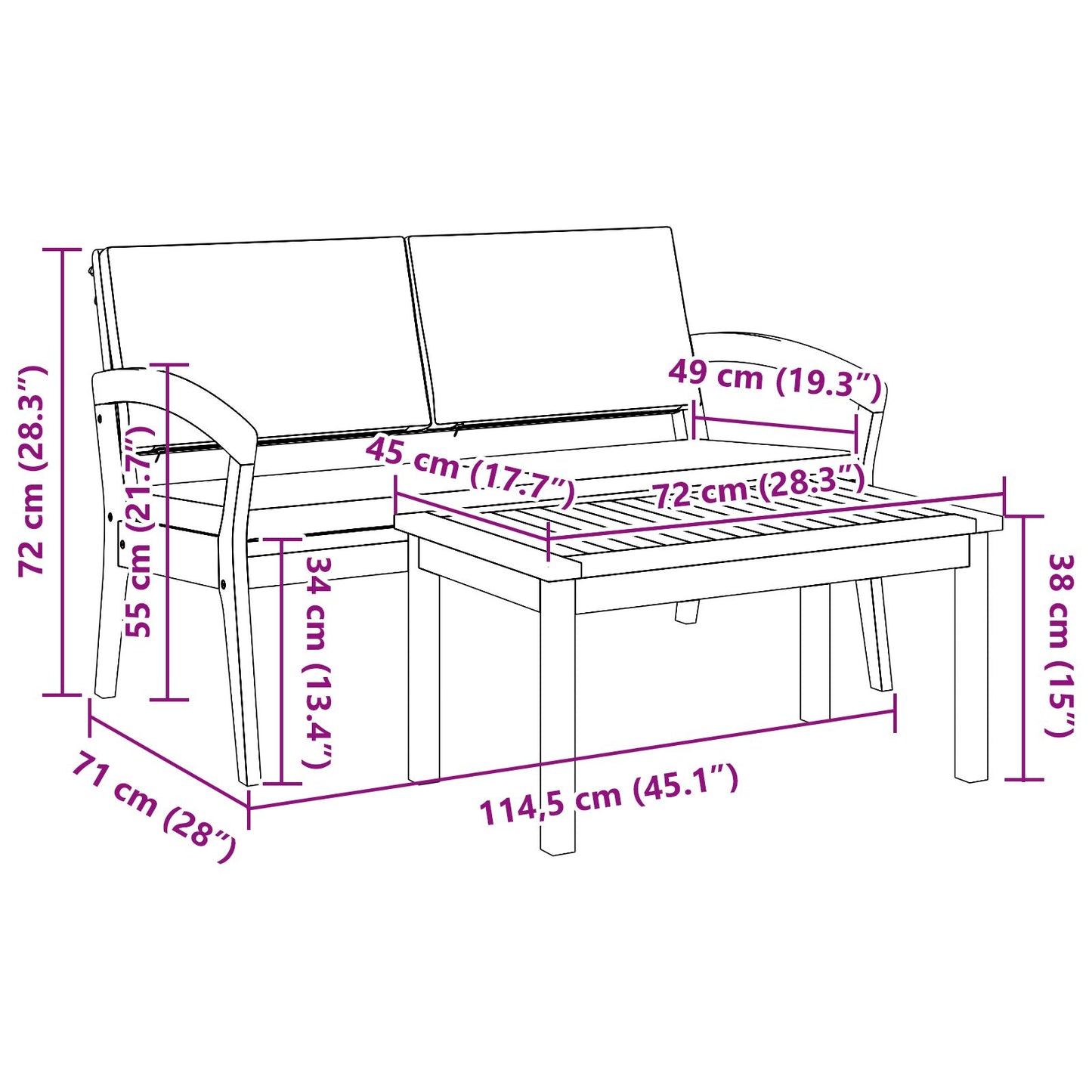 2-teiliges Bistro-Set mit Kissen aus massivem Akazienholz