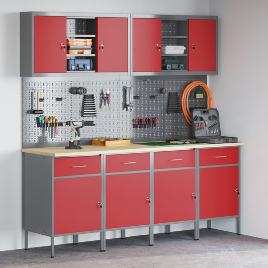 10-teiliges Werkstattwagen- und Pinnwand-Set in Rot aus MDF und Metall