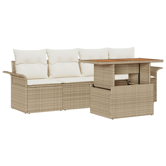 5-teiliges Garten Sofa Set mit Kissen Beige Poly Rattan Akazie