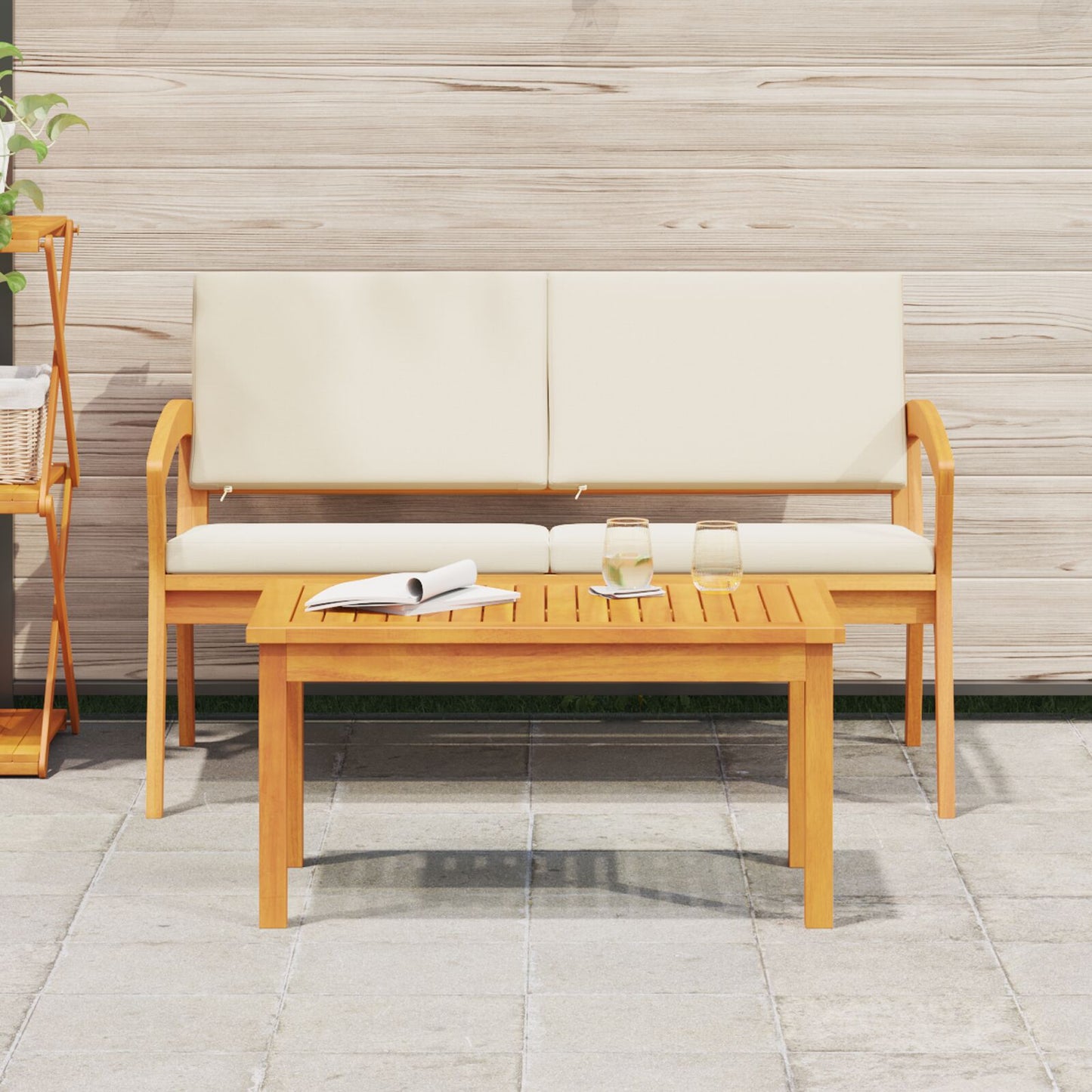 2-teiliges Bistro-Set mit Kissen aus massivem Akazienholz