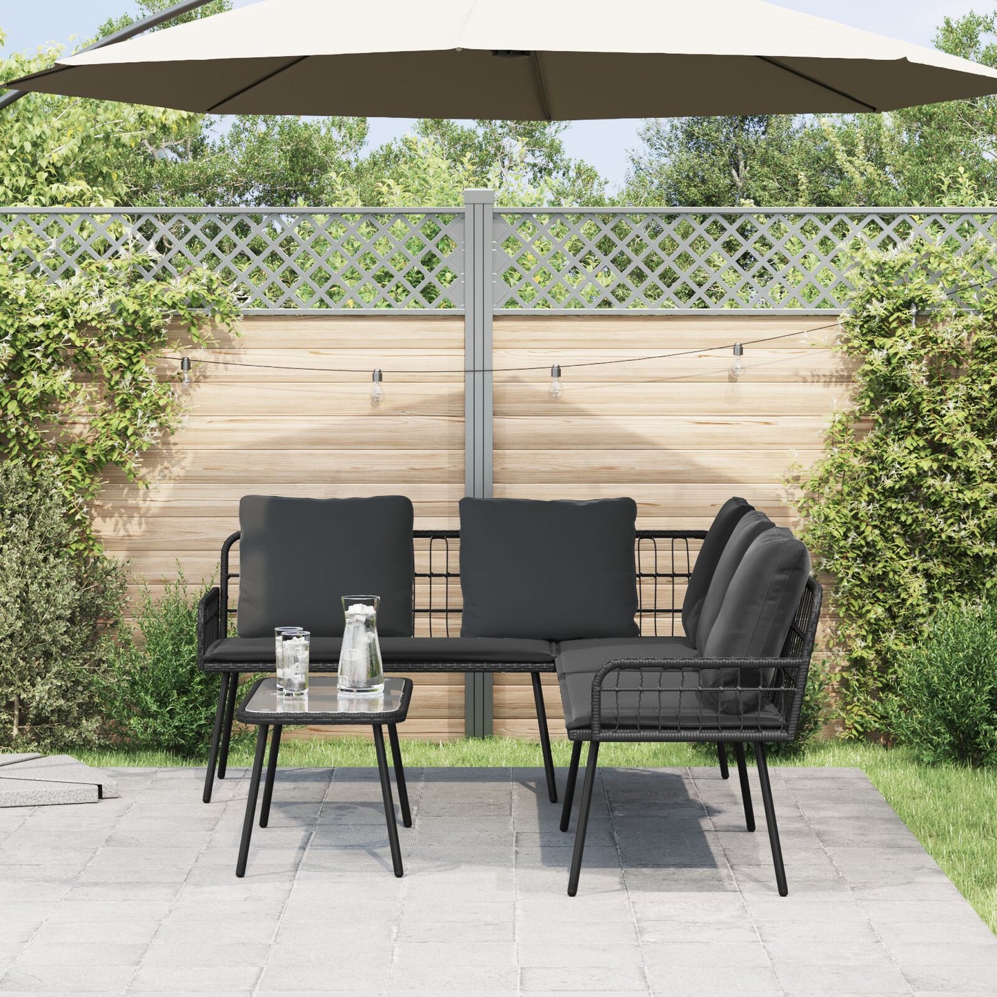 2-teiliges Garten-Sofa-Set mit Kissen Schwarz Poly Rattan