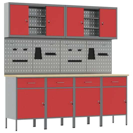 10-teiliges Werkstattwagen- und Pinnwand-Set in Rot aus MDF und Metall