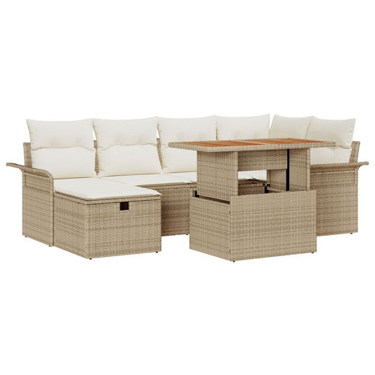 7-teiliges Garten Sofa Set mit Kissen Beige Poly Rattan