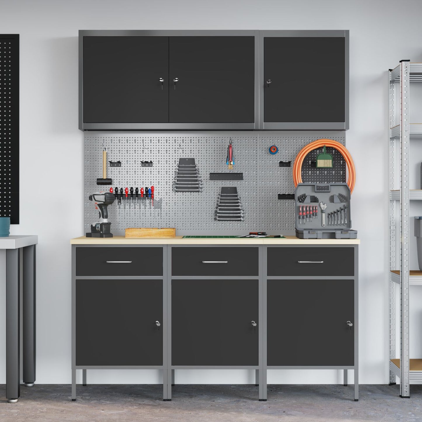Werkbank Set 6-teilig Schwarz Stahl Groß Höhenverstellbar