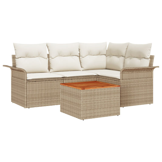 5-teiliges Garten Sofa Set mit Kissen Beige Poly Rattan Akazie