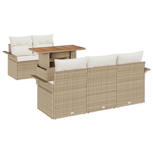 6-Teiliges Garten Sofa Set mit Kissen Beige Poly Rattan Akazie
