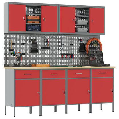 10-teiliges Werkstattwagen- und Pinnwand-Set in Rot aus MDF und Metall