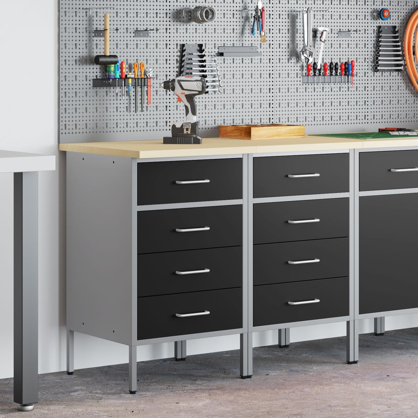 Werkbank 2er Set Schwarz und Grau aus Holzwerkstoff und Stahl