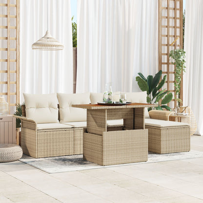 6-teilige Garten Esszimmer Set mit Kissen Beige Poly Rattan Akazie