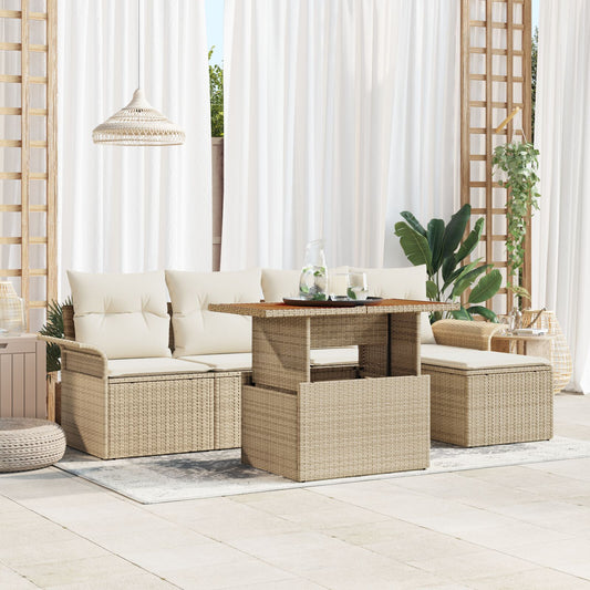 6-teilige Garten Esszimmer Set mit Kissen Beige Poly Rattan Akazie