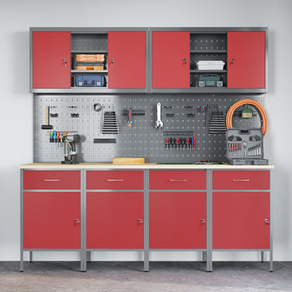 10-teiliges Werkstattwagen- und Pinnwand-Set in Rot aus MDF und Metall
