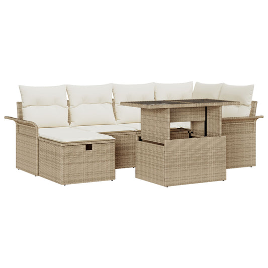 7-teiliges Garten Sofa Set mit Kissen Beige Poly Rattan