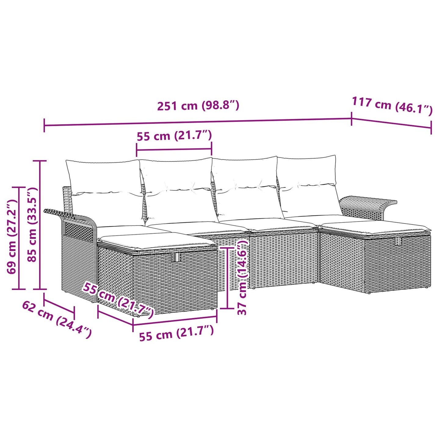 6-teiliges Garten Sofa Set mit Kissen Beige Poly Rattan