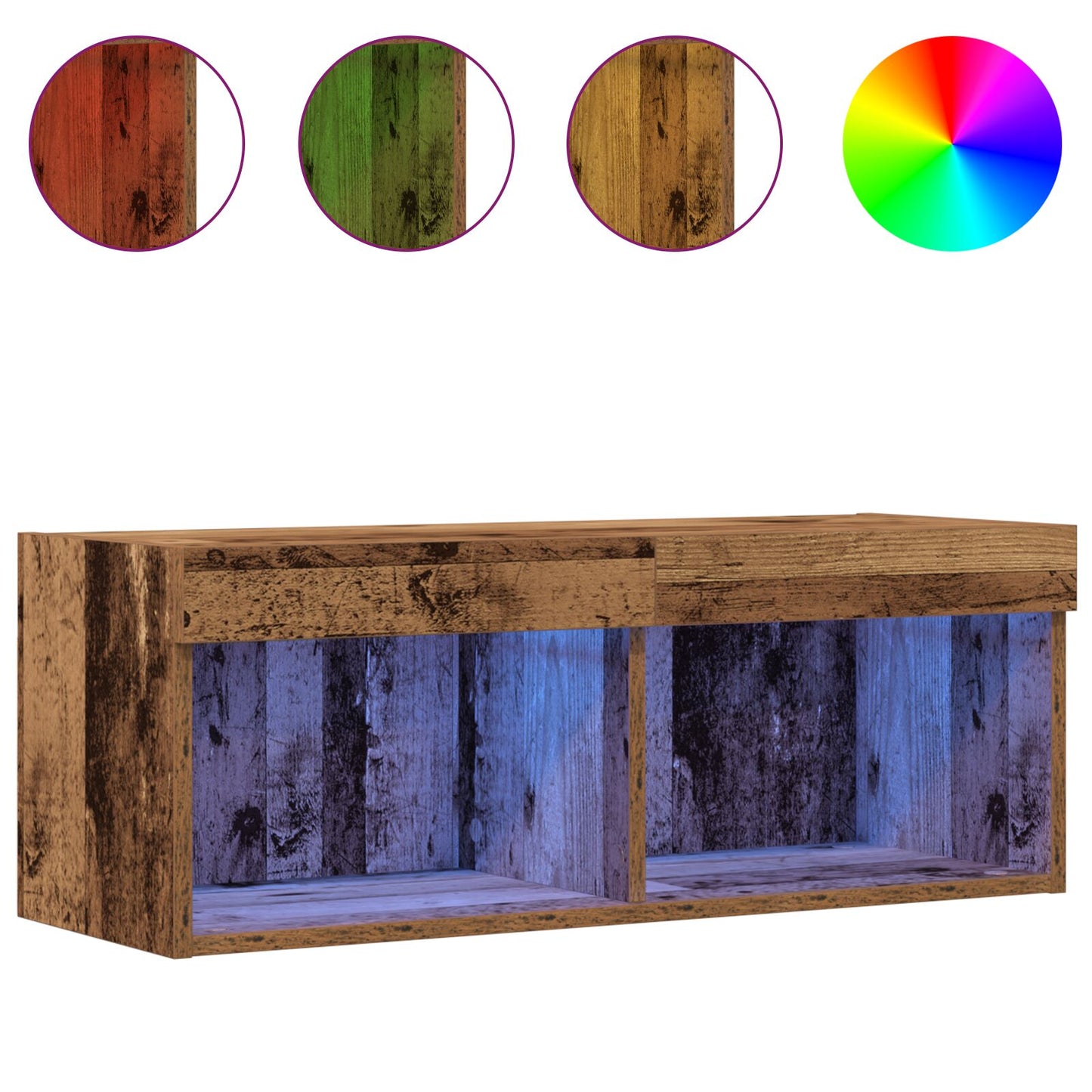 TV-Wandregal mit LED-Lichtern aus altem Holz 80x30x30 cm
