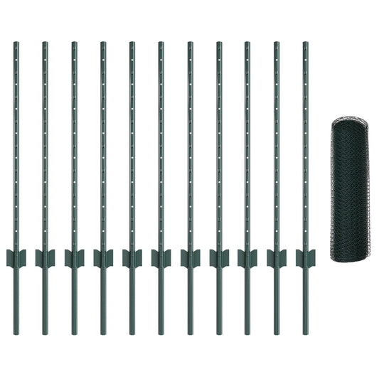 Zaunpfosten, 11 Stück U-Profil, Grün, 80 cm, Stahl, vidaXL Sechseckzaun, Grün, 0,8x25 m, Stahl