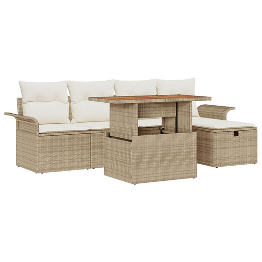 6-teiliges Garten-Sofa-Set mit Kissen Beige Poly Rattan