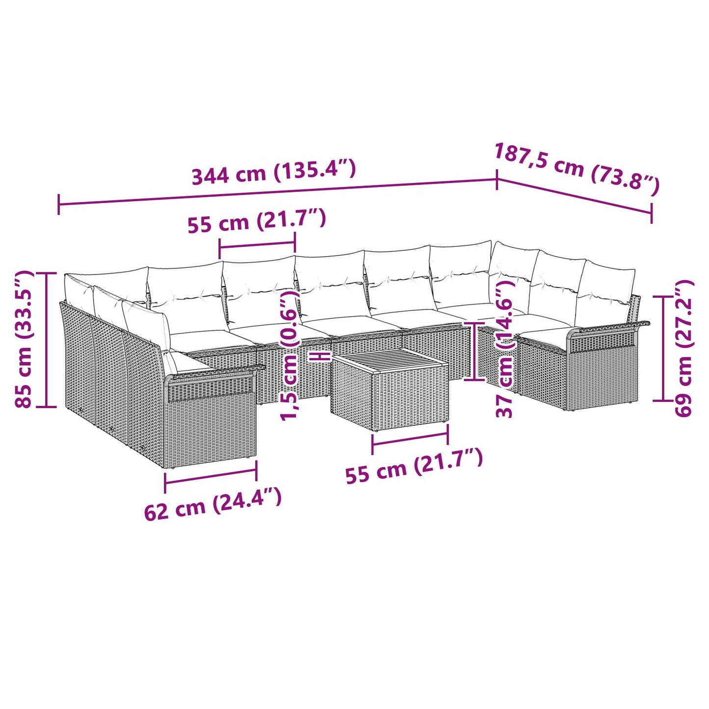 11-teiliges Garten Sofa Set mit Kissen Beige Poly Rattan Akazie